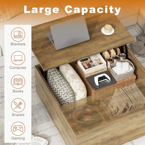 FABATO Lift Top Coffee Table, Wood Square Coffee Table with Storage, Farmhouse Coffee Tables with Hidden Storage Compartme...