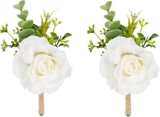 Meldel Ivory White Rose Boutonnieres for Men Wedding, Set of 2, Artificial Corsage for Prom, Groom and Groomsmen Boutonnie...