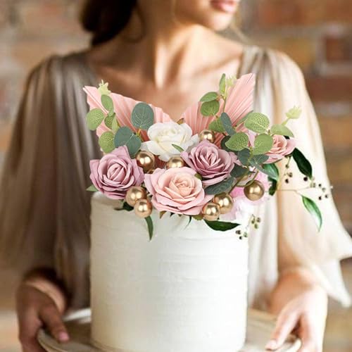 Rsstarxi 22 Pack Rose Artificial Flower Leaves Cake Decorations Gold Balloon Paper Palm Fan Cake Toppers for Happy Mother'...