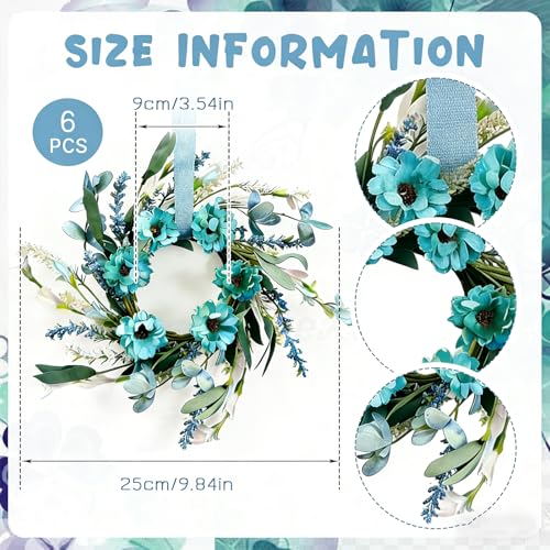 6 Pcs Small Blue Daisy Flower Candle Rings Wreaths Mini Pillar Candle Holder Wreath with White Floral Eucalyptus Leaves La...