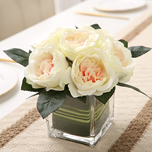 GreenHouzz Artificial Peony Silk Flower Centerpieces Faux Floral Arrangement in Glass Vase for Home Wedding Table Decorati...