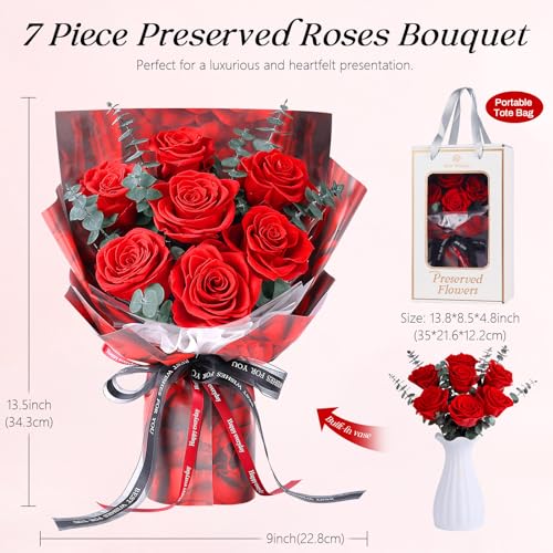 Preserved Flowers Bouquet 7 Roses - Red Real Rose & Flowers for Delivery, Eternal Roses Bouquet with Gift Box, Anniversary...