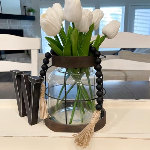 Farmhouse Glass Vase, Vintage Vase for Flowers with Distressed Metal Frame and Handle for Rustic Dining Tables Entryways L...