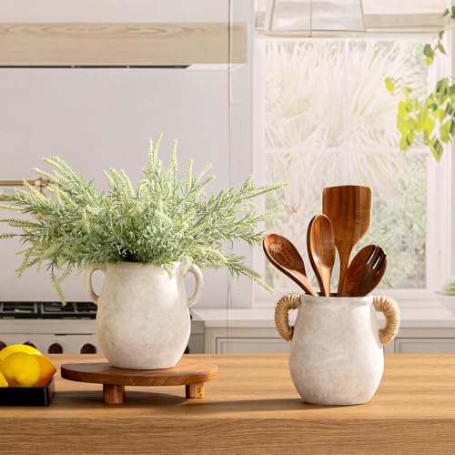 Ceramic Flower Vase Home Decor - 7.1 Inch White Rustic Table Flowers Vases Living Room Bedroom Plant Decoration Modern Far...