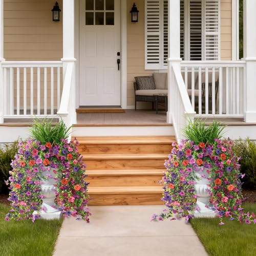 Artificial Hanging Flowers with Wheat Grass for Outdoors, 5 Pcs Fake Hanging Plants for Spring Decor, UV Resistant Faux Si...