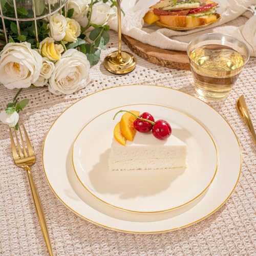 bUCLA 150PCS Ivory Plastic Plates with Gold Trim - Heavy Duty Cream Plastic Disposable for Party & Wedding - Include 25 Ea...