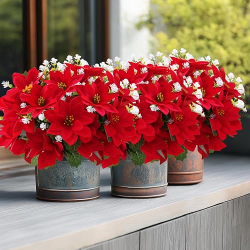MATBAR Christmas Artificial Flowers for Outdoors Red Poinsettia Flowers Artificial 12 Bundles Mixed UV Resistant Faux Flow...