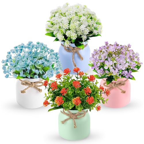 Der Rose 4 Pack Fake Flowers Artificial Plants Indoor for Home Kitchen Office Dining Centerpiece Table Decorations