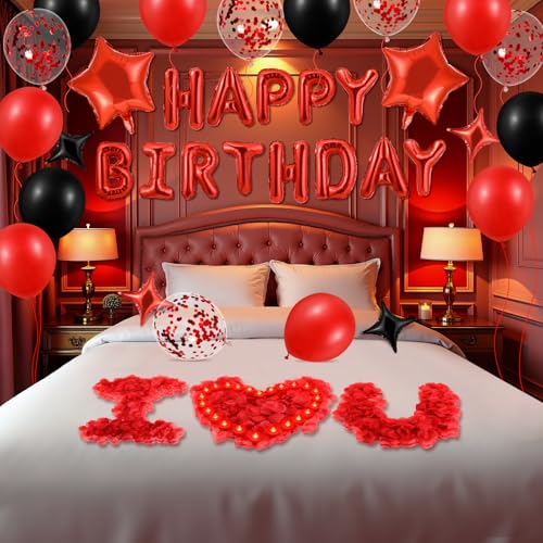 Red Happy Birthday Balloons Decorations Red and Black Birthday Balloon Letters Banner with 6 Pcs Star Balloons Red Artific...
