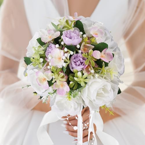 Qeedy Wedding Bouquet for Bride – 8 Inch Artificial Silk Roses, Realistic Bridal & Bridesmaid Bouquet for Ceremony, Churc...