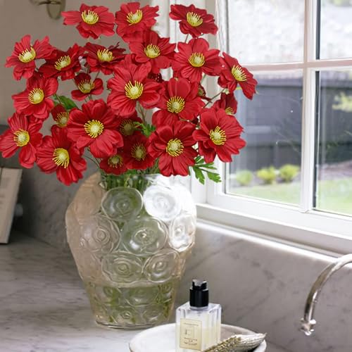 GhuaH 5 Pcs Artificial Flowers with Stems Faux Daisy Flowers Bouquet Red Gardenia Silk Flowers for Home Decor Indoor Vase ...