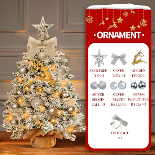 Mini Christmas Tree-with Lights,2ft Small Flocked Christmas Tree with 24pcs DIY Decorations,Small Flocked with LED Lights ...