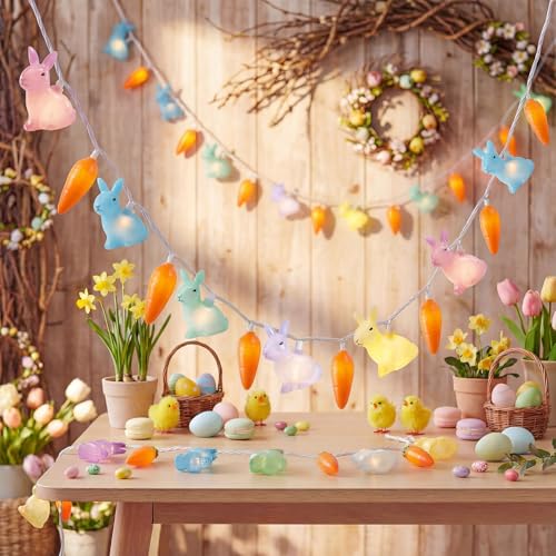 Pallerina Easter Bunny Carrot String Lights, 8.5Ft Plug in Fairy Lights with 10 LED Rabbit and Carrot Lights, Cute Spring ...