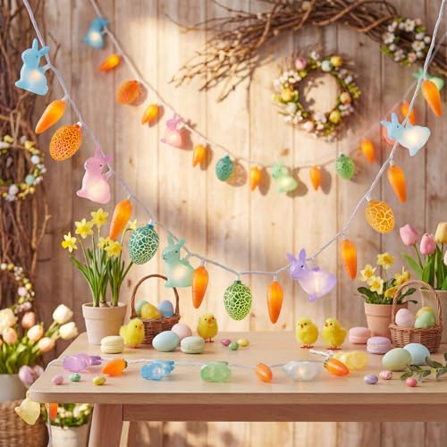Pallerina Easter Rabbit Carrot Egg String Lights, 12Ft 20 LED Multicolored Bunny Carrot Easter Egg Fairy Lights, Plug in S...