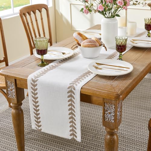 Aoztio Rustic Style Embroidered Table Runner, 13x72 Inch Irregular Willow Leaf Table Runners 72 Inches Long for Dresser De...
