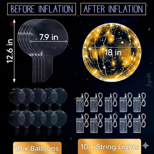 10 Pcs LED Balloons Light Up Balloons for Parties – Clear 18" Balloon with Gold String Lights & Individual Switch – Light ...