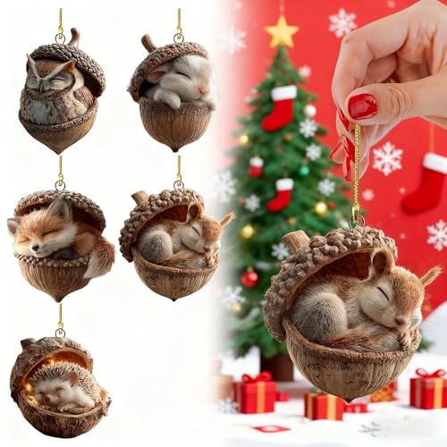 5PCS Forests Animal Acorn Ornaments, Forests Christmas Ornaments, 2026 New Pine Cone Animal Decoration, 2D Acrylic Animal ...