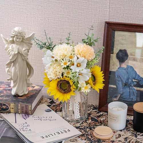 LUEUR Fake Flowers Artificial Sunflowers with Vase, Faux Silk Carnation,Daisy Flowers for Home Office Decorations, Kitchen...