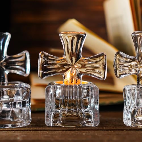 kanpura Clear Glass Cross Candle Holder 4" High Christian Tea Light Holder Cross Crystal Votive Candle Holders for Religio...