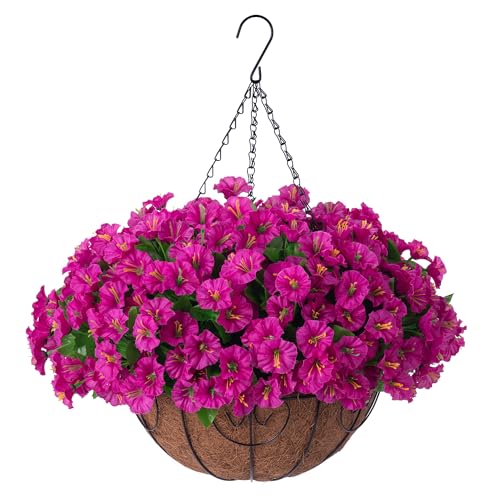 Homsunny Artificial Hanging Flowers Plants with Basket for Outdoors - Fake Petunias Flowers Fake Silk Morning Glory Plante...
