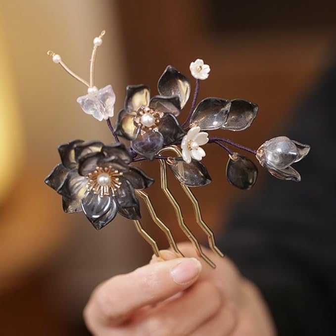 Cayyoomm Black Resin Camellia Hairpin Set with 3 Flowers, Chinese Hanfu Vintage Gothic Hair Stick for Women Metal Hairpin ...