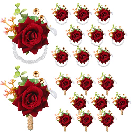 Sherr 40 Pcs Rose Wrist Corsage and Boutonniere Set Wedding Corsage Wristlet Bride Bridesmaids Groom Groomsmen Flowers Acc...
