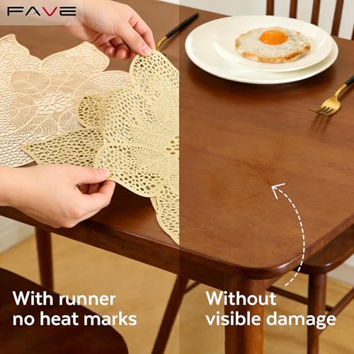 FAVE Gold Table Runners 36 Inches Heat Resistant Table Runner Flower Shaped Vinyl Table Runner Waterproof Washable Table M...