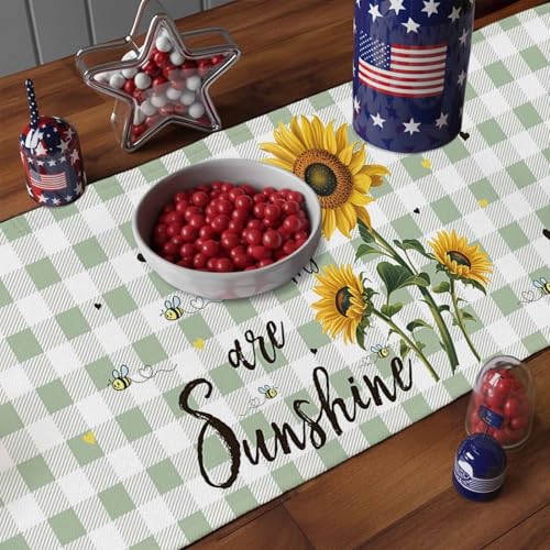 You are My Sunshine Table Runner 90 Inches Long, Vintage Yellow Sunflower Floral Bees Sage Green Plaid Table Runners Washa...