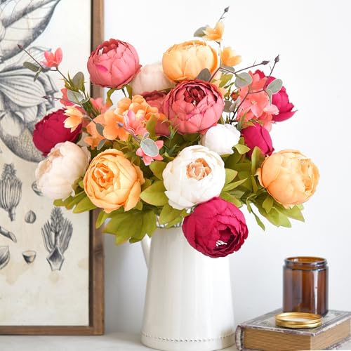 FiveSeasonStuff Artificial Peony Bouquets, 2 Silk Flower Bundles in Peach, Coral, Cream & Burgundy with Hydrangeas for Wed...