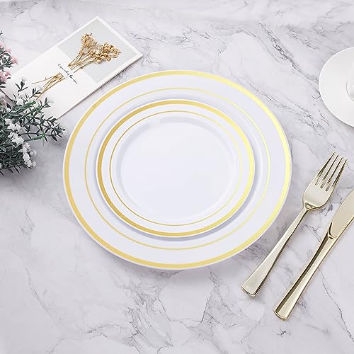 BESTVIP 200PCS Gold Plastic Plate, Disposable Party Plates with 100 Dinner Plates and 100 Dessert Plates, Plastic Plates f...