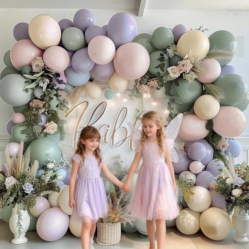 Dusty Green Purple Pink Balloon Arch, Double Stuffed Lavender Light Sage Green Ivory Blush Pastel Balloon Garland Kit for ...