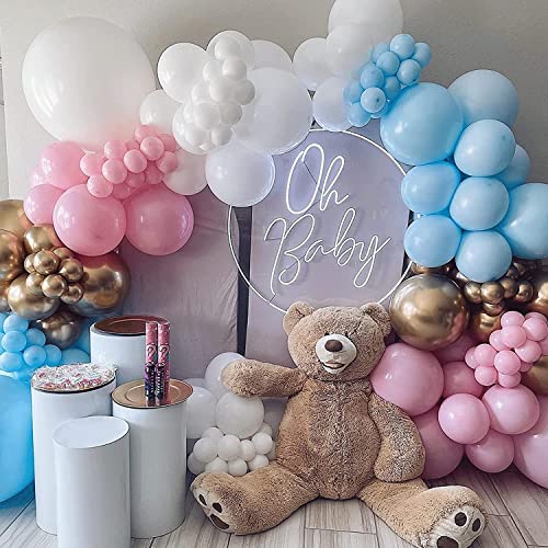 Pink Blue White Balloons,60 Pcs 12 inch Pink Blue and White Pastel Gold Blue Confetti Latex Balloons with 2rolls 33ft Ribb...