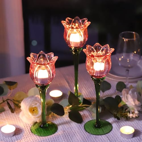 VOHO Pink Tulips Candle Holder, Romantic Pink Flower Votive Candle Holders for Wedding Bridal Shower Decorations, Tall Tea...