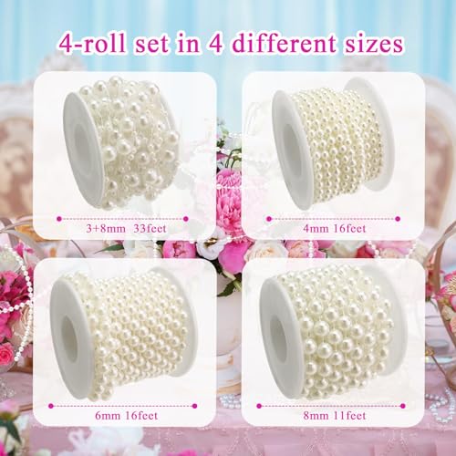 Towenm 4 Rolls 76 Feet Pearls String Garland, Faux Pearl Beads Roll Strand for Crafts, Artificial Pearls Chain Trim for We...