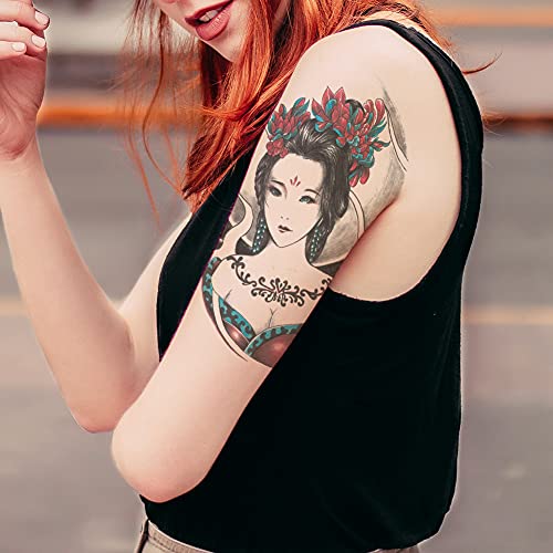 Oottati 6 Sheets Arm Waterproof Temporary Tattoo Stickers, Colorful Japanese Ancient Beauty Lady Women Hairpin Geisha Praj...