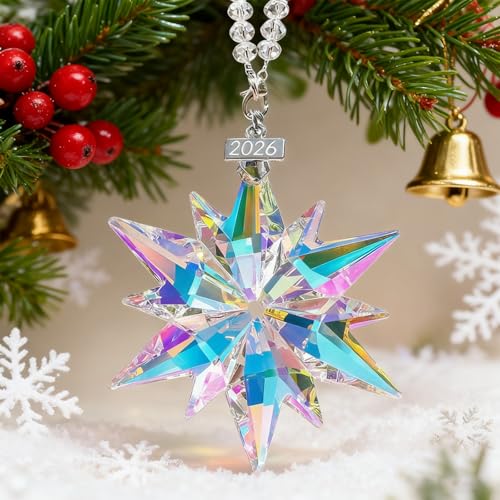 2026 Colorful Crystal Star Ornaments for Christmas Tree - 1pc Colorful Crystal Hanging Decor, Xmas Tree Decorations, Snowf...