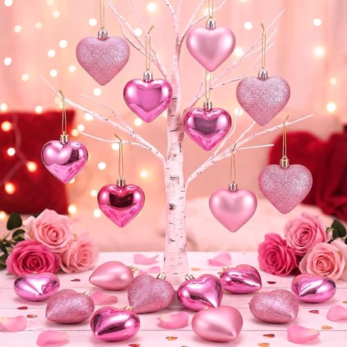 XmasExp Valentines Day Decor Heart Ornaments for Christmas Tree Decorations Set of 24 Pink Heart Shaped Bauble Perfect for...