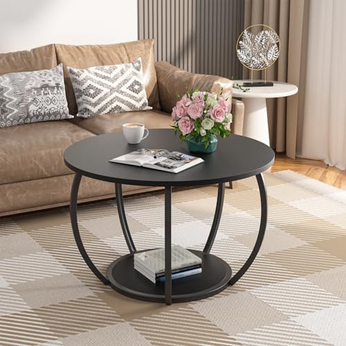GreenForest Round Coffee Table with 2-Tier Open Storage, 27.6 inch Small Circle Coffee Tables with Adjustable Feet, Modern...