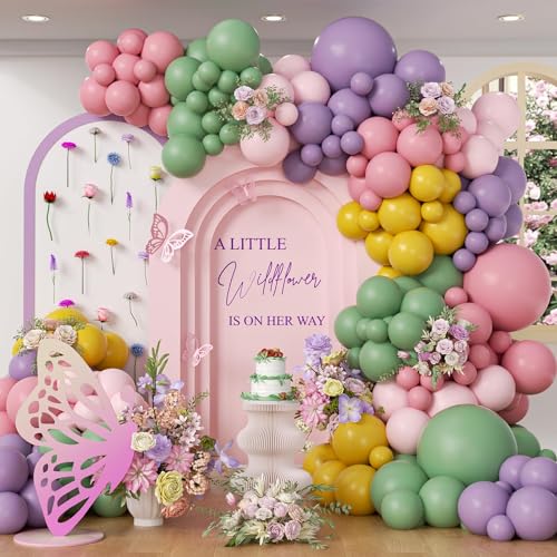 131pcs Wildflower Floral Balloon Arch Garland Kit with Purple Dusty Pink Sage Green Light Pink Mustard Yellow Latex Balloo...