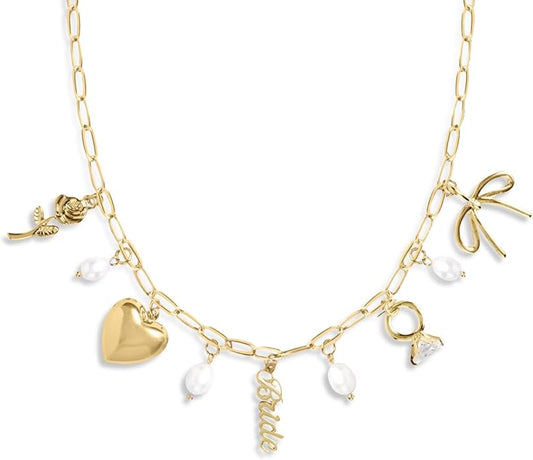 xo, Fetti Gold Bride Charm Necklace | Pearl Bachelorette Accessory, Rhinestone Bridal Jewelry, Bach Party Decorations, Bri...