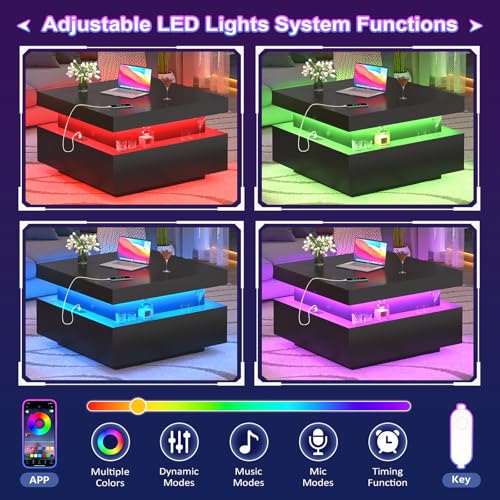 31.5" Square Coffee Table with Sliding Top and Charging Station, Black Coffee Tables with LED Lights and Storage Drawer fo...