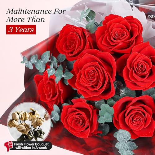 Preserved Flowers Bouquet 7 Roses - Red Real Rose & Flowers for Delivery, Eternal Roses Bouquet with Gift Box, Anniversary...