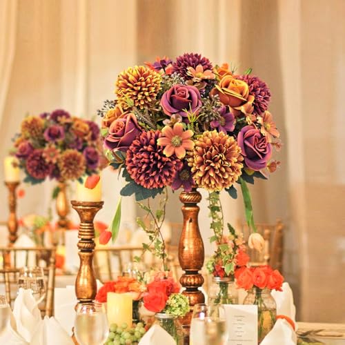 Guagb 3 Pcs Fall Flowers Artificial Mums Silk Chrysanthemum Rose Daisy Bouquet Fake Mum Faux Floral Arrangements Home Indo...