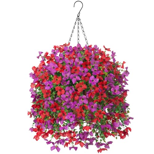 INXUGAO Artificial Hanging Flowers Plants with Basket for Outdoors, Realistic Faux Silk Daisy Flower Eucalyptus for Spring...