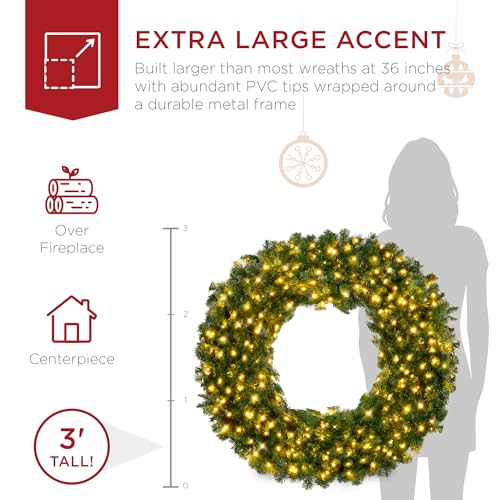 Best Choice Products 36in Large Artificial Pre-Lit Fir Christmas Wreath Holiday Accent Decoration w/ 150 LED Lights, 300 P...