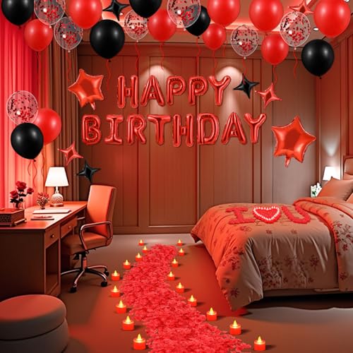 Red Happy Birthday Balloons Decorations Red and Black Birthday Balloon Letters Banner with 6 Pcs Star Balloons Red Artific...