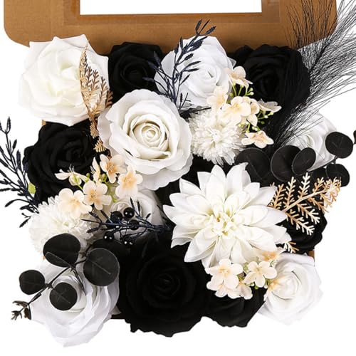 ASTRYAS Black White Flowers Artificial Combo Box Set Mix Silk Flowers Dahlia Roses with Stems for DIY Wedding Bouquets Cen...