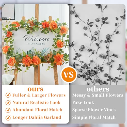 1 Pack Orange Flower Garland Decorations,6.07Ft Artificial Eucalyptus Garlands with Silk Rose Hydrangea Flower Vines Hangi...