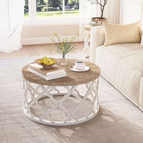 karlott Farmhouse Coffee Table, French Country Round Coffee Table, Coastal Coffee Tables with Distressed Top, Boho Center ...