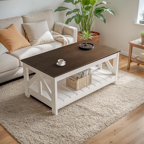YESHOMY Farmhouse Coffee Table, Coffee Tables for Living Room, Farmhouse Square Coffee Table with Storage, Couch Table, Sm...